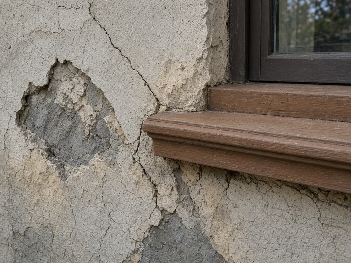Example of weathered render at a window corner of the kind inspected on a visit
