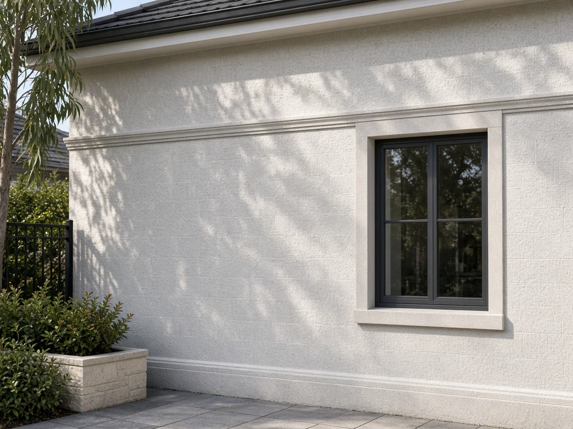 Example of a coated exterior masonry wall in daylight